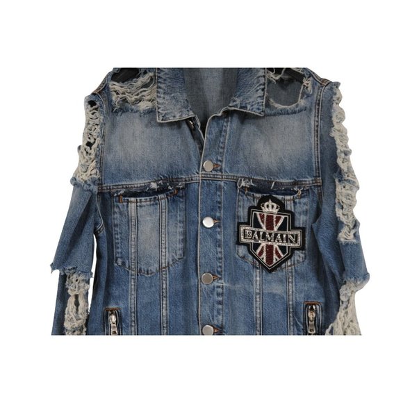 Balmain Mens Distressed Jeans Jacket Size Large Blue Denim Logo Ripped Sleeves - Picture 3 of 14